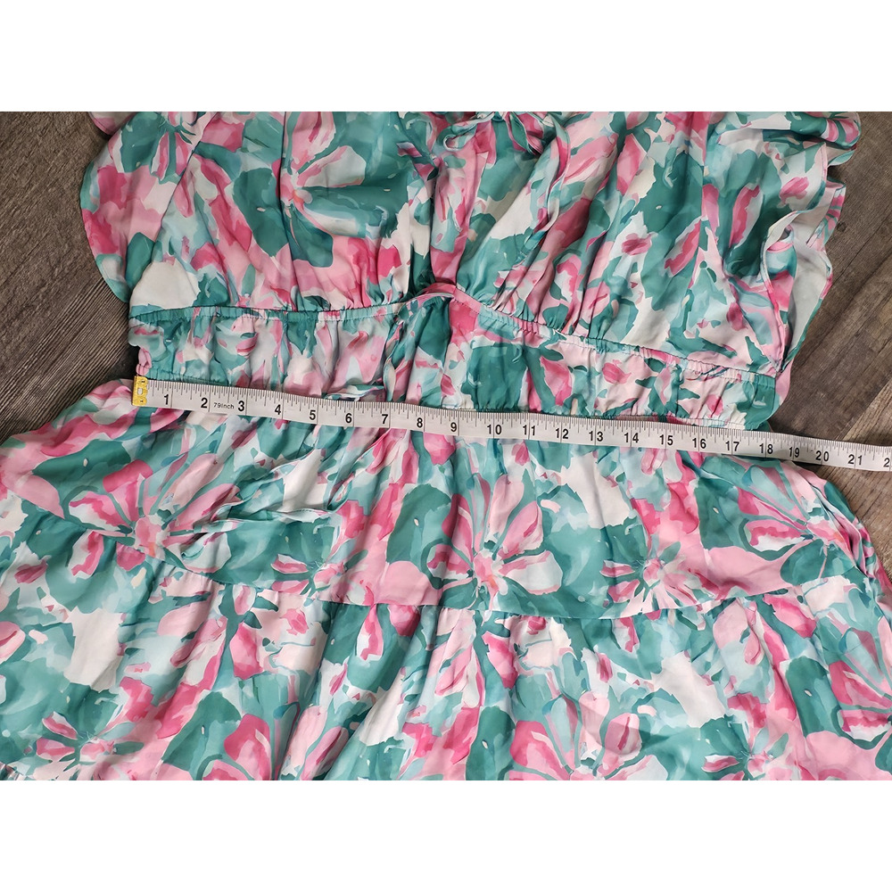 Grace Karin Womens 2XL Pink Teal Floral Tiered Midi Dress Flutter Sleeve NWOT - Picture 3 of 8